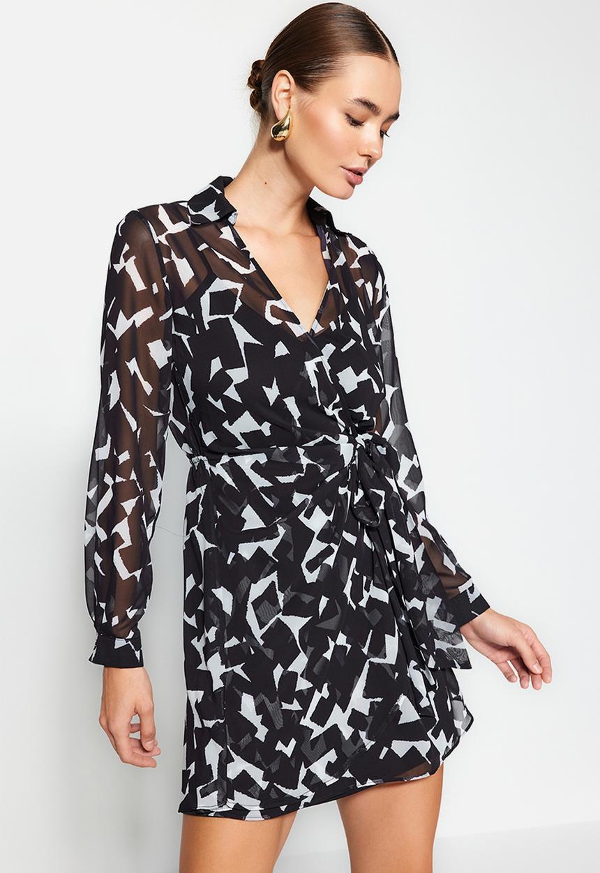 Trendyol - Double Breasted Tie Detailed Mini Mono Patterned Woven Dress - Black
