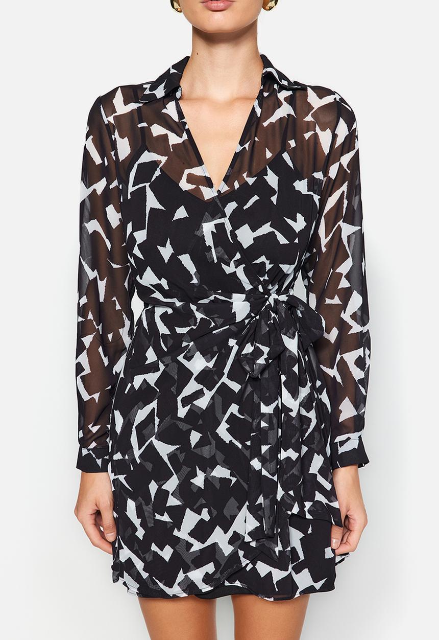 Trendyol - Double Breasted Tie Detailed Mini Mono Patterned Woven Dress - Black