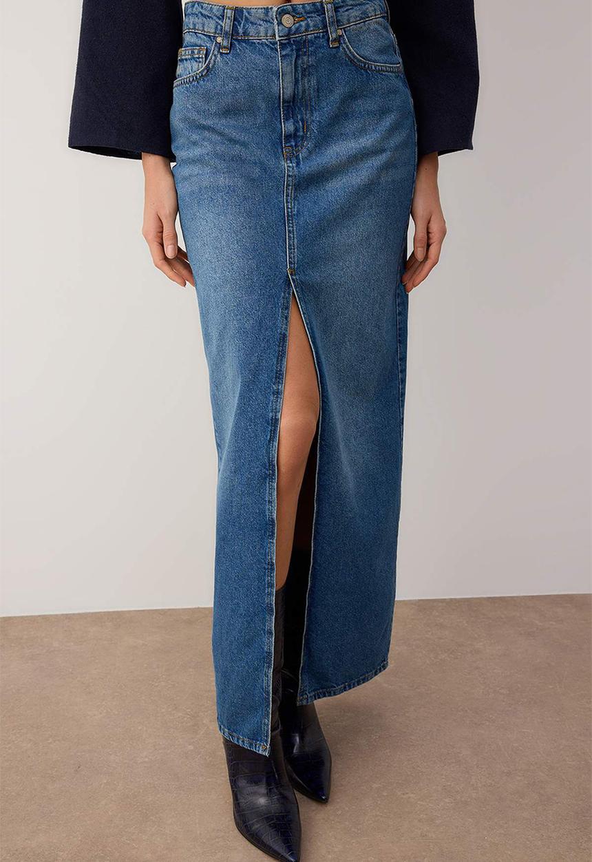 Trendyol - Slit Maxi Denim Skirt - Blue