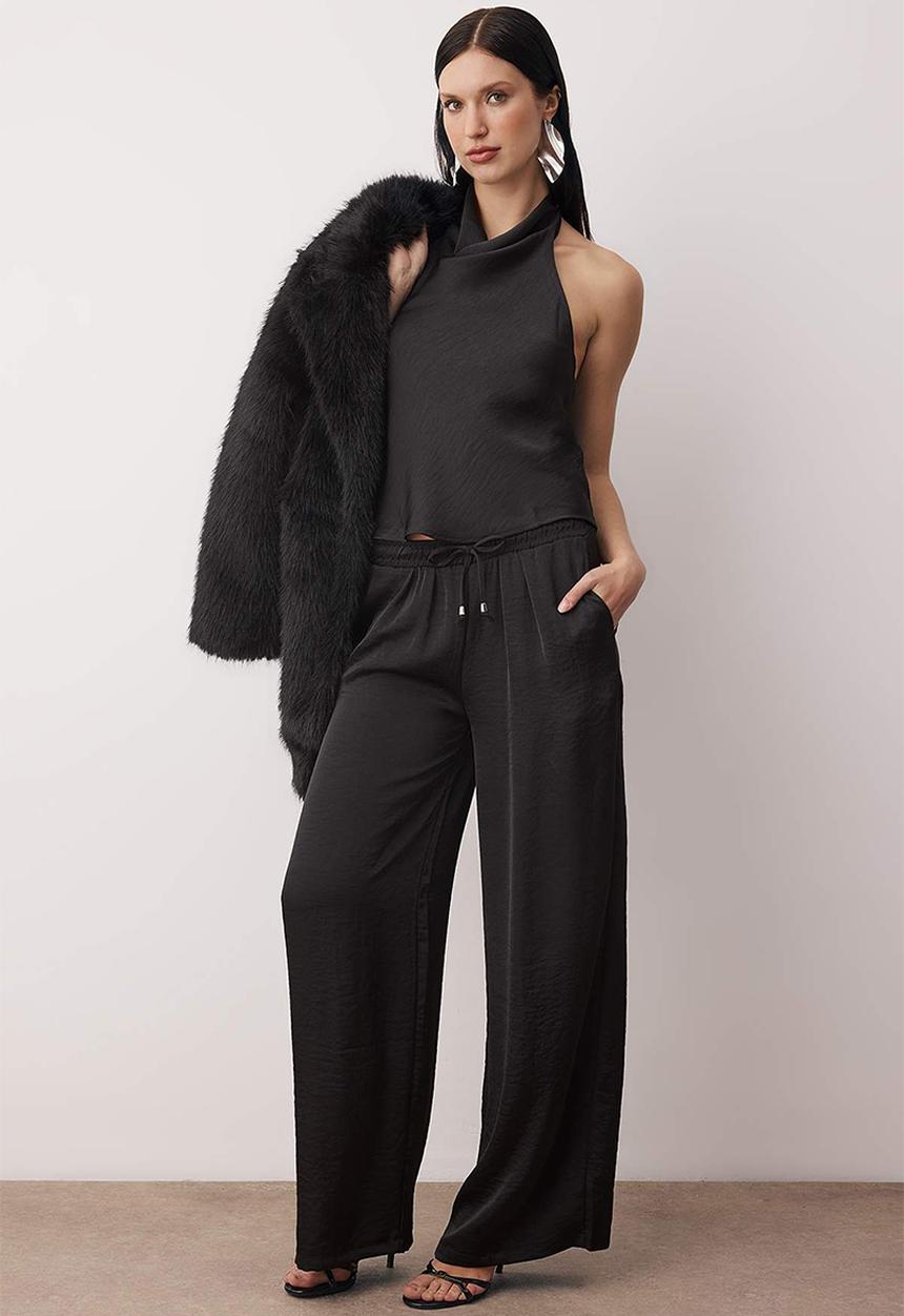 Trendyol - Satin Blouse Pants Bottom-Top Set - Black