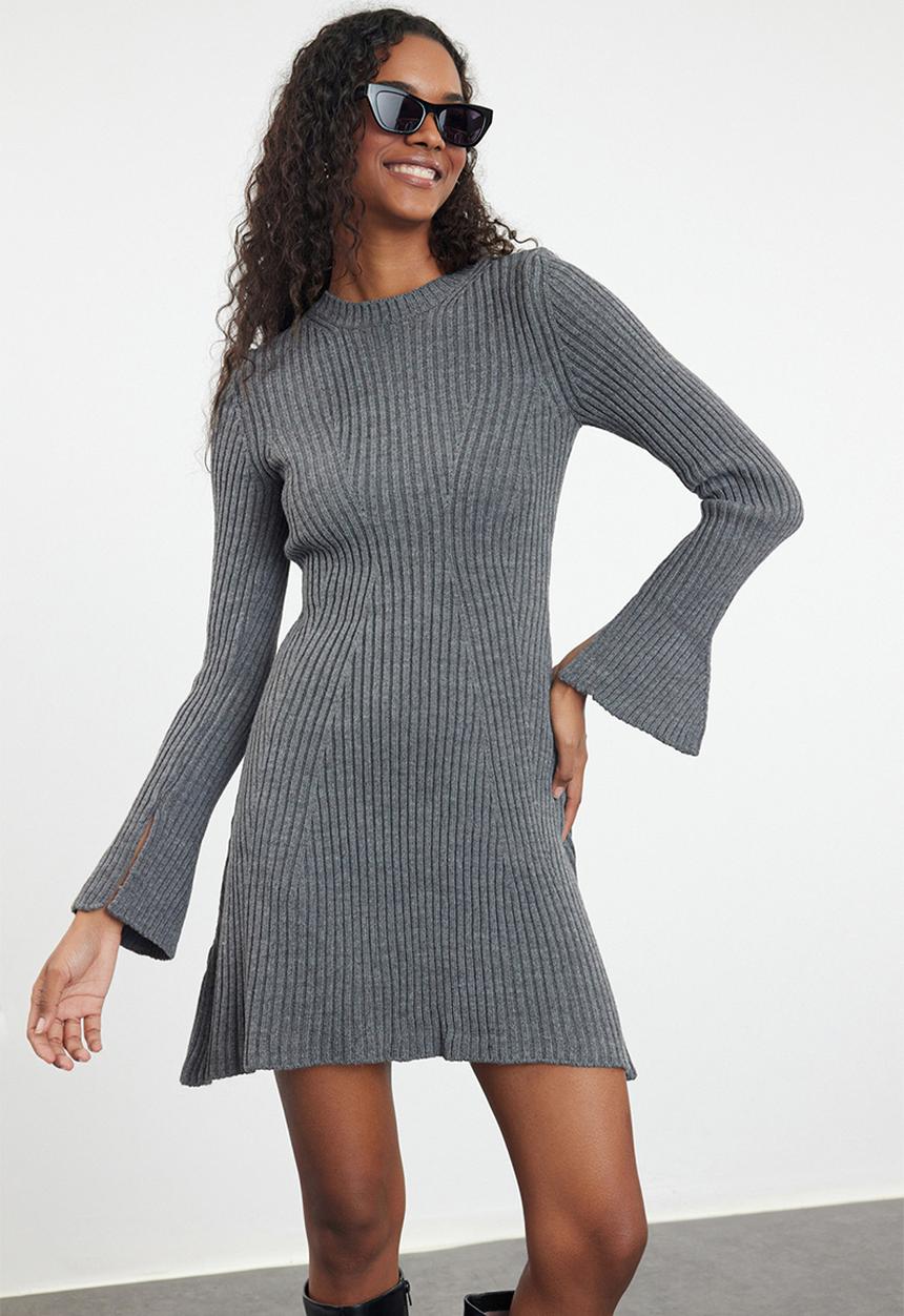 Trendyol - A-Line Mini Knitwear Dress - Anthracite