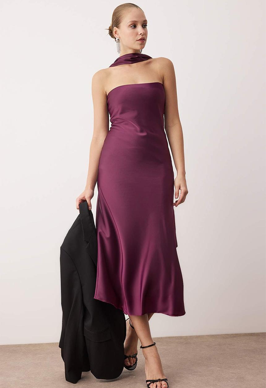 Trendyol - Scarf Detailed Strapless Neckline Satin Dress - Plum