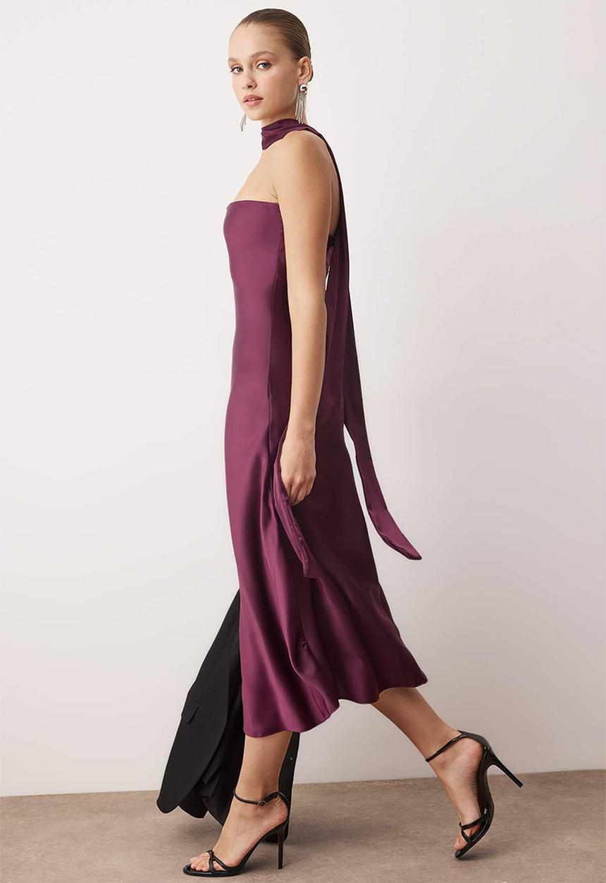 Trendyol - Scarf Detailed Strapless Neckline Satin Dress - Plum