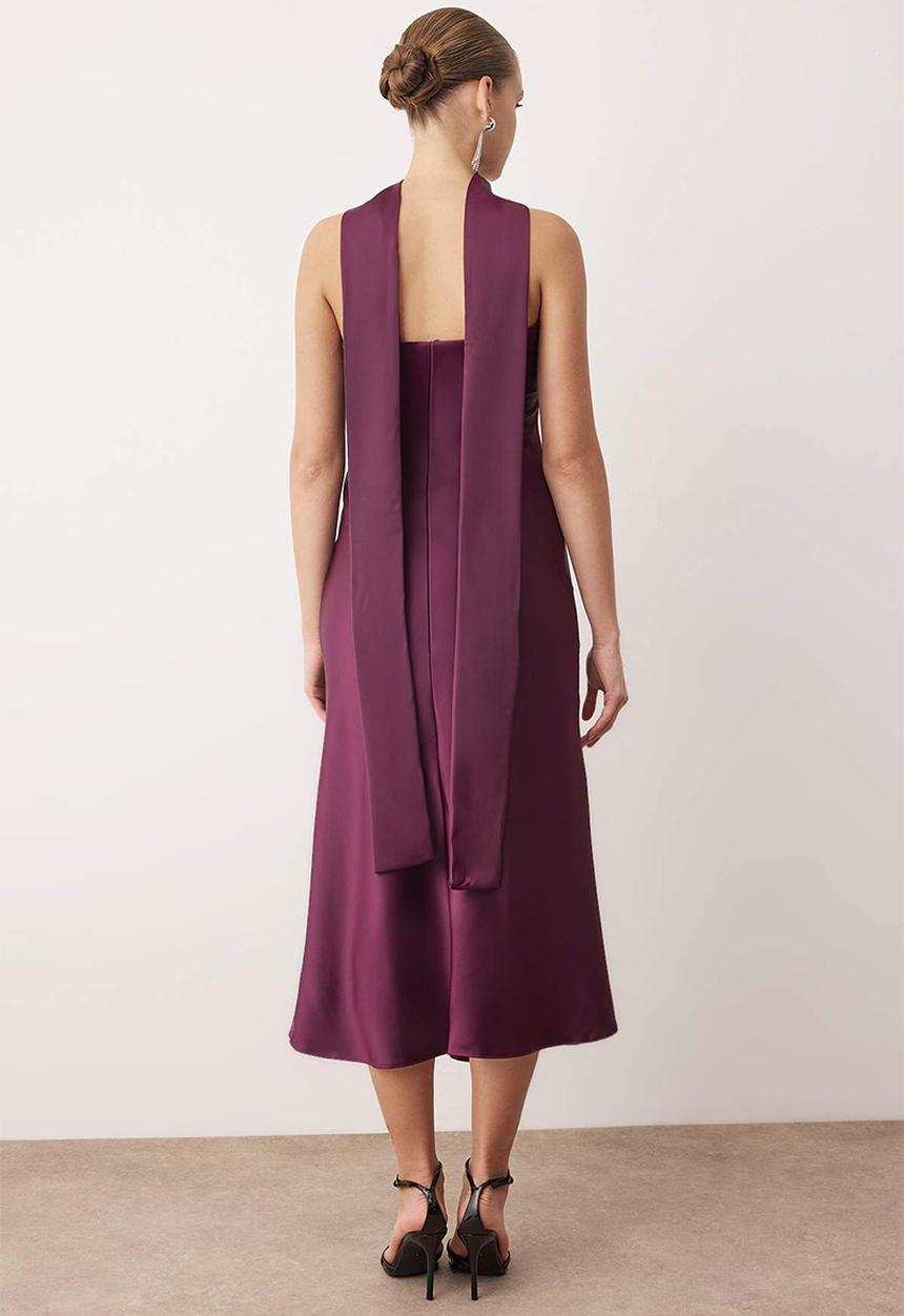 Trendyol - Scarf Detailed Strapless Neckline Satin Dress - Plum