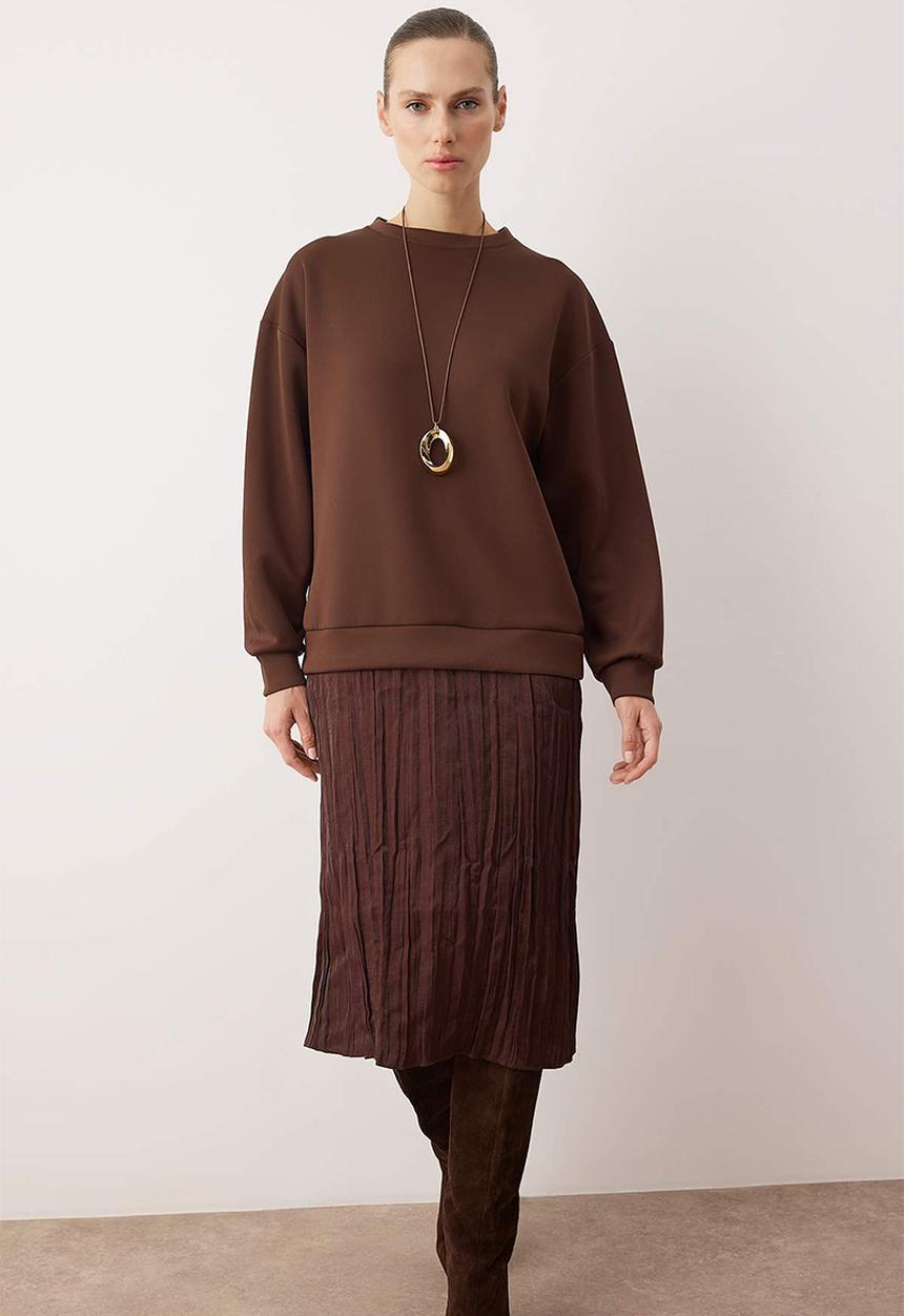 Trendyol - Double Fabric Sweat Knitted Dress - Brown