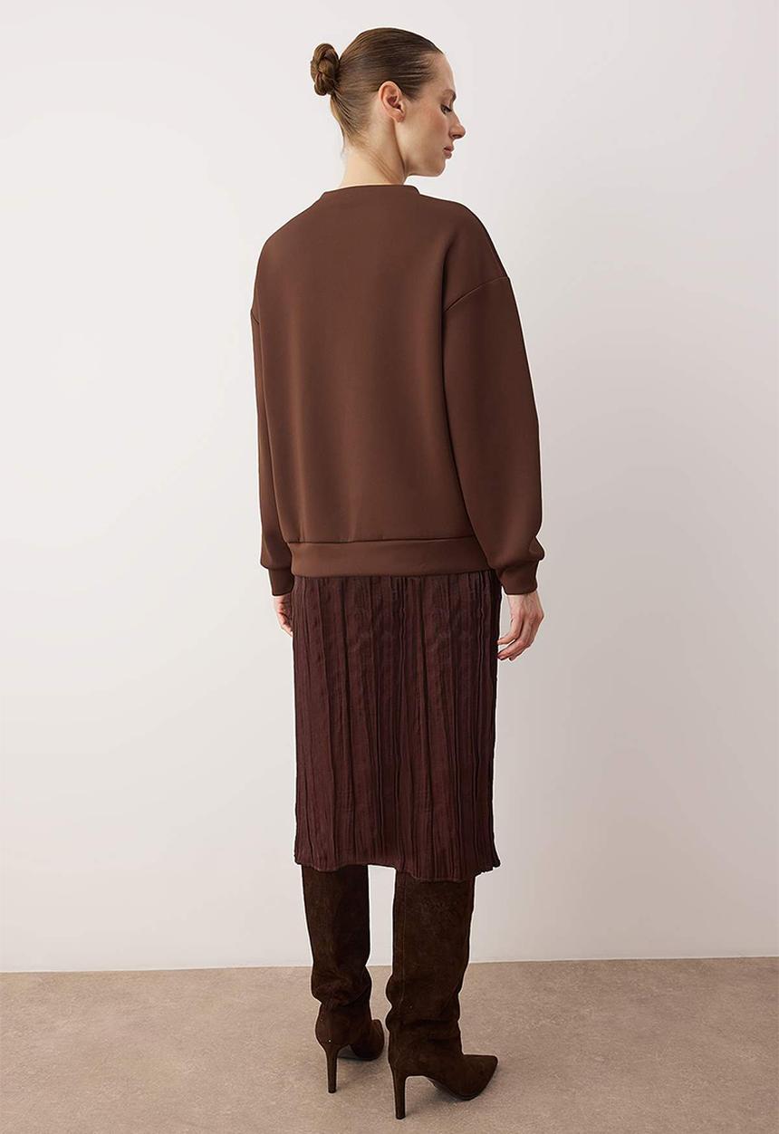 Trendyol - Double Fabric Sweat Knitted Dress - Brown