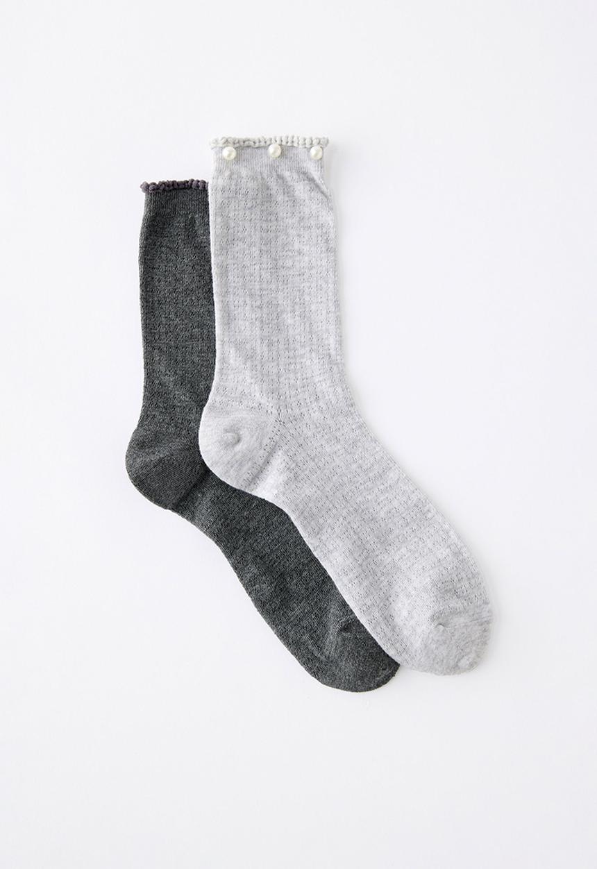 Rubi - Pearl pointelle frill crew sock 2pk - grey marle/charcoal marle