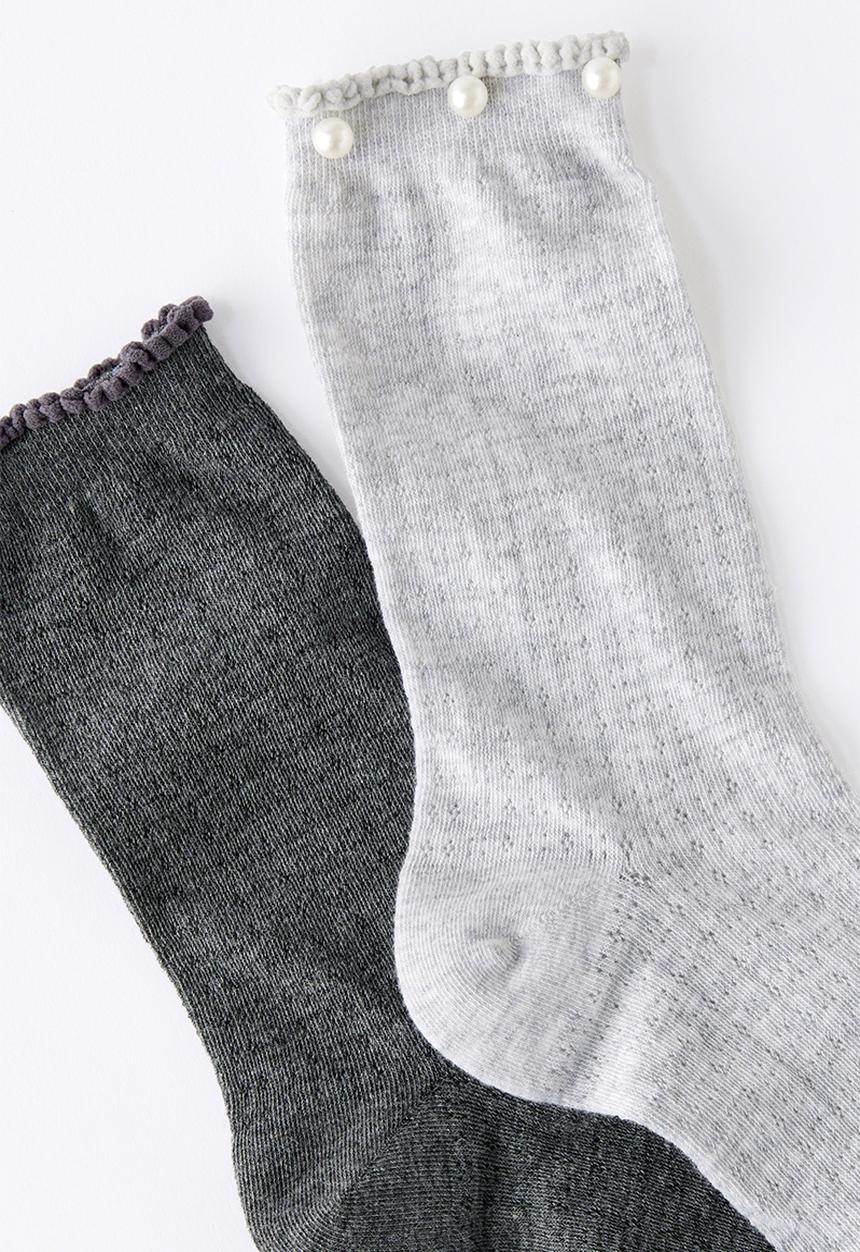 Rubi - Pearl pointelle frill crew sock 2pk - grey marle/charcoal marle