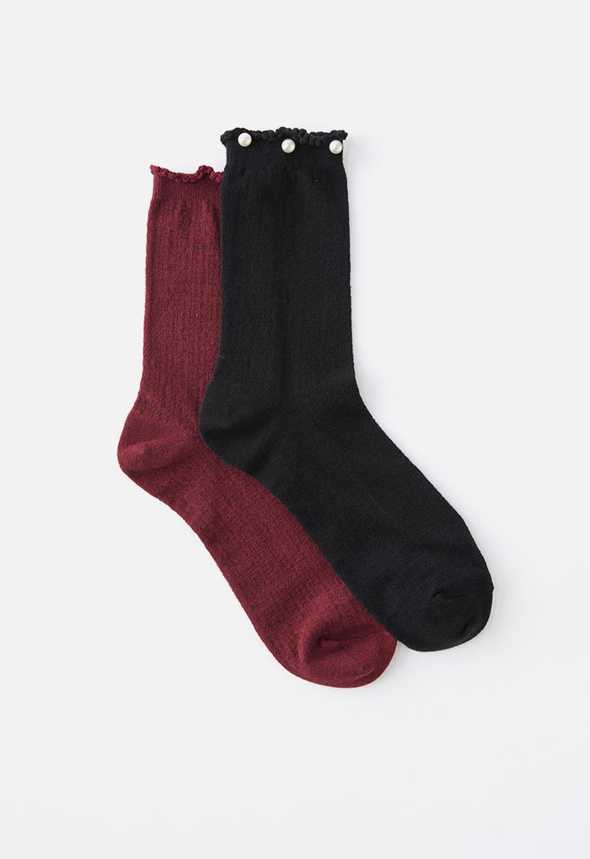 Rubi - Pearl pointelle frill crew sock 2pk - black/cherrywood