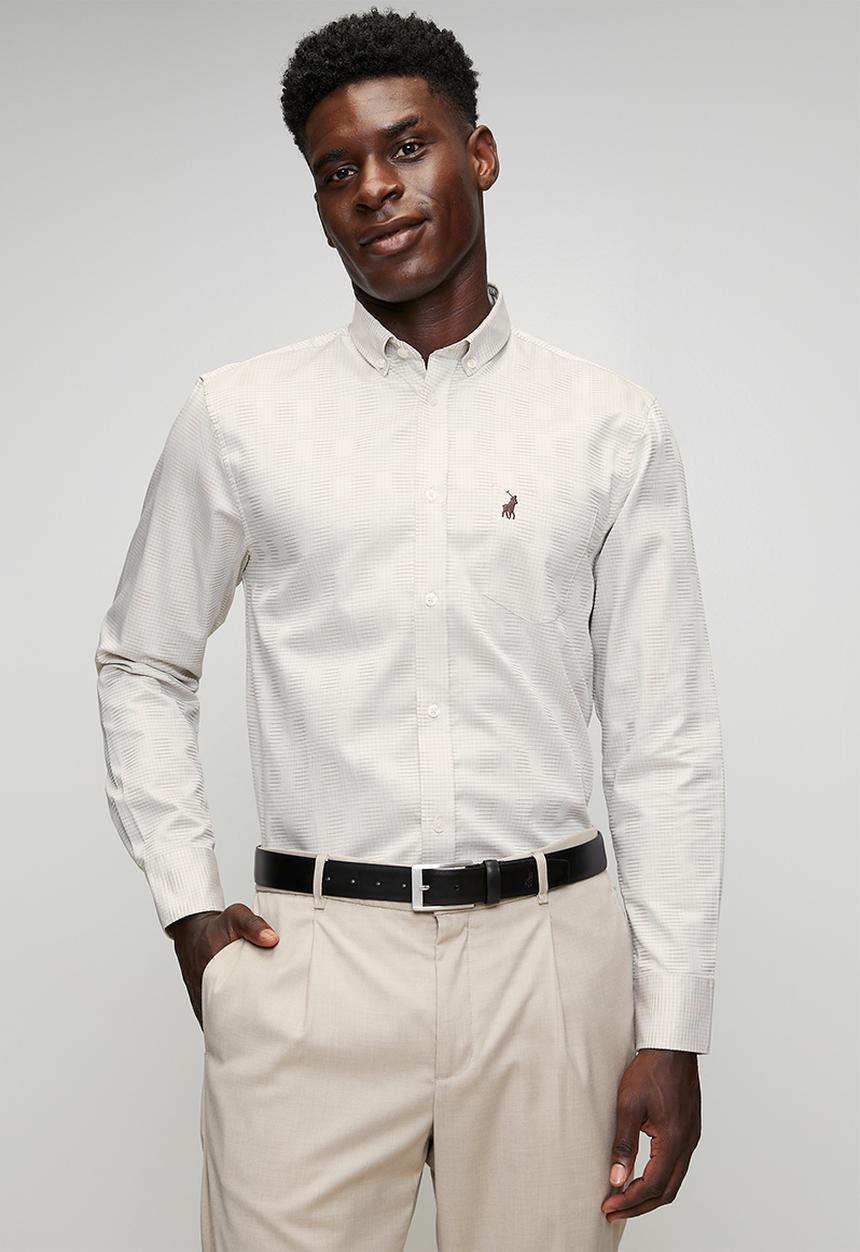 POLO - Jackson Dobby Tonal Check Long Sleeve Shirt - Stone