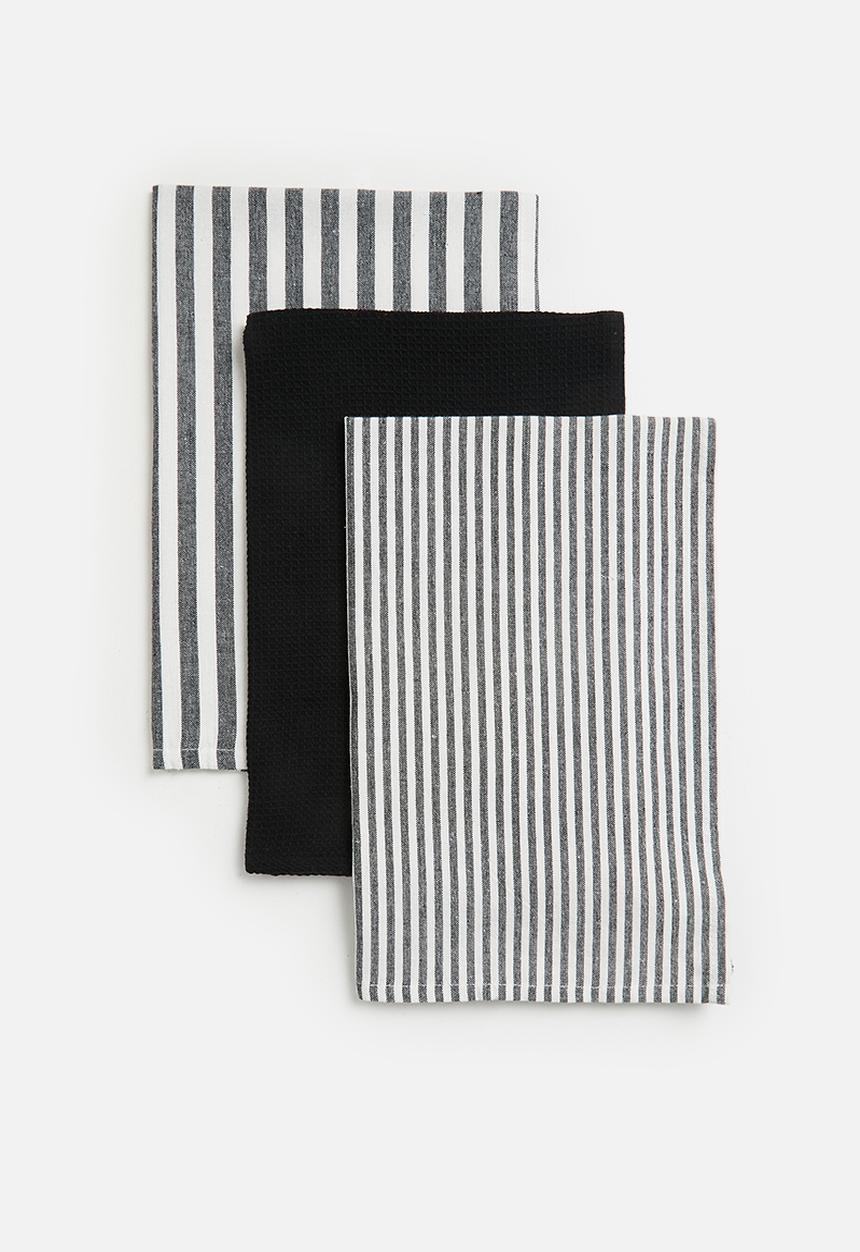 Excellent Houseware - Stripe kitchen towel set of 3 - Black