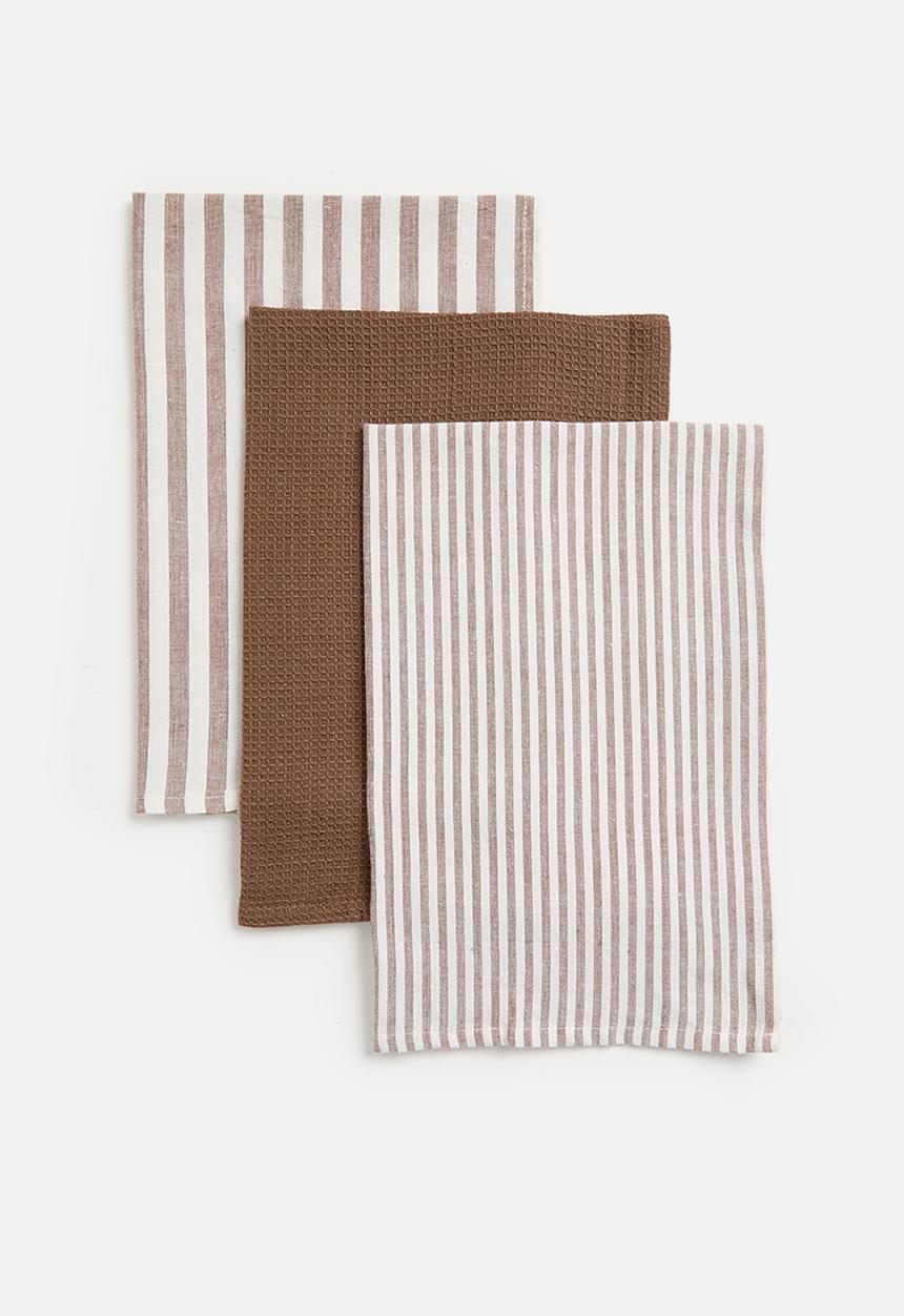 Excellent Houseware - Stripe kitchen towel set of 3 - Choc