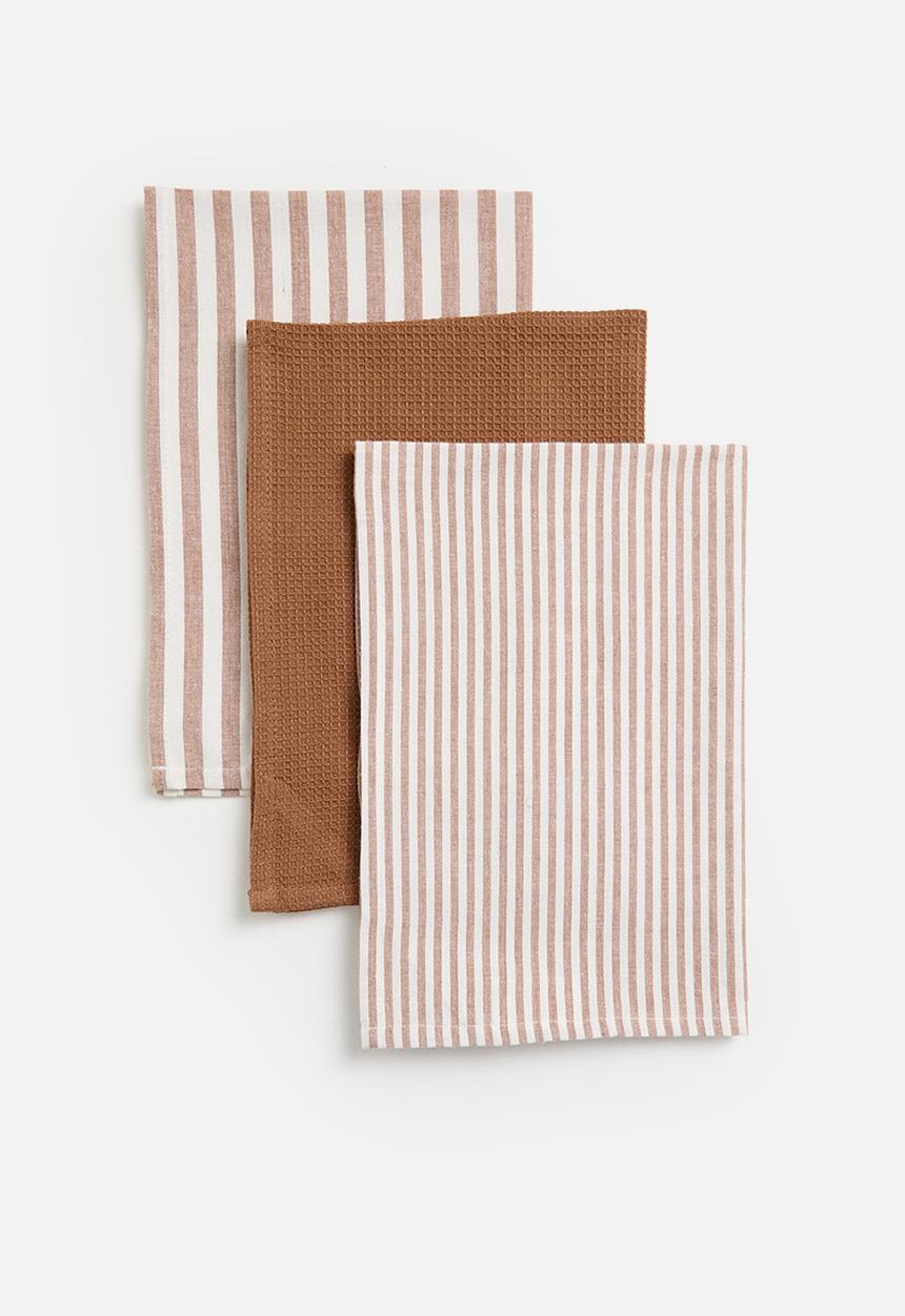 Excellent Houseware - Stripe kitchen towel set of 3 - Sand