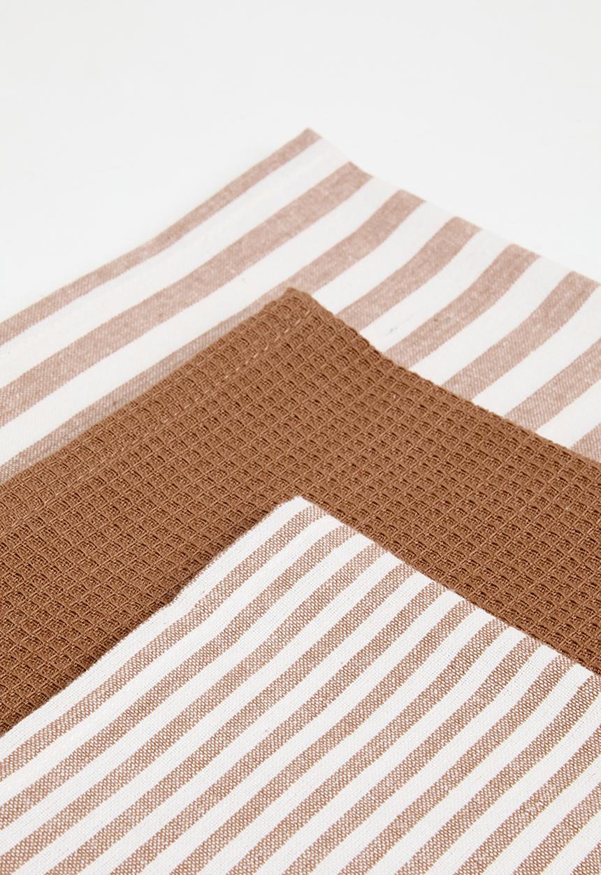 Excellent Houseware - Stripe kitchen towel set of 3 - Sand