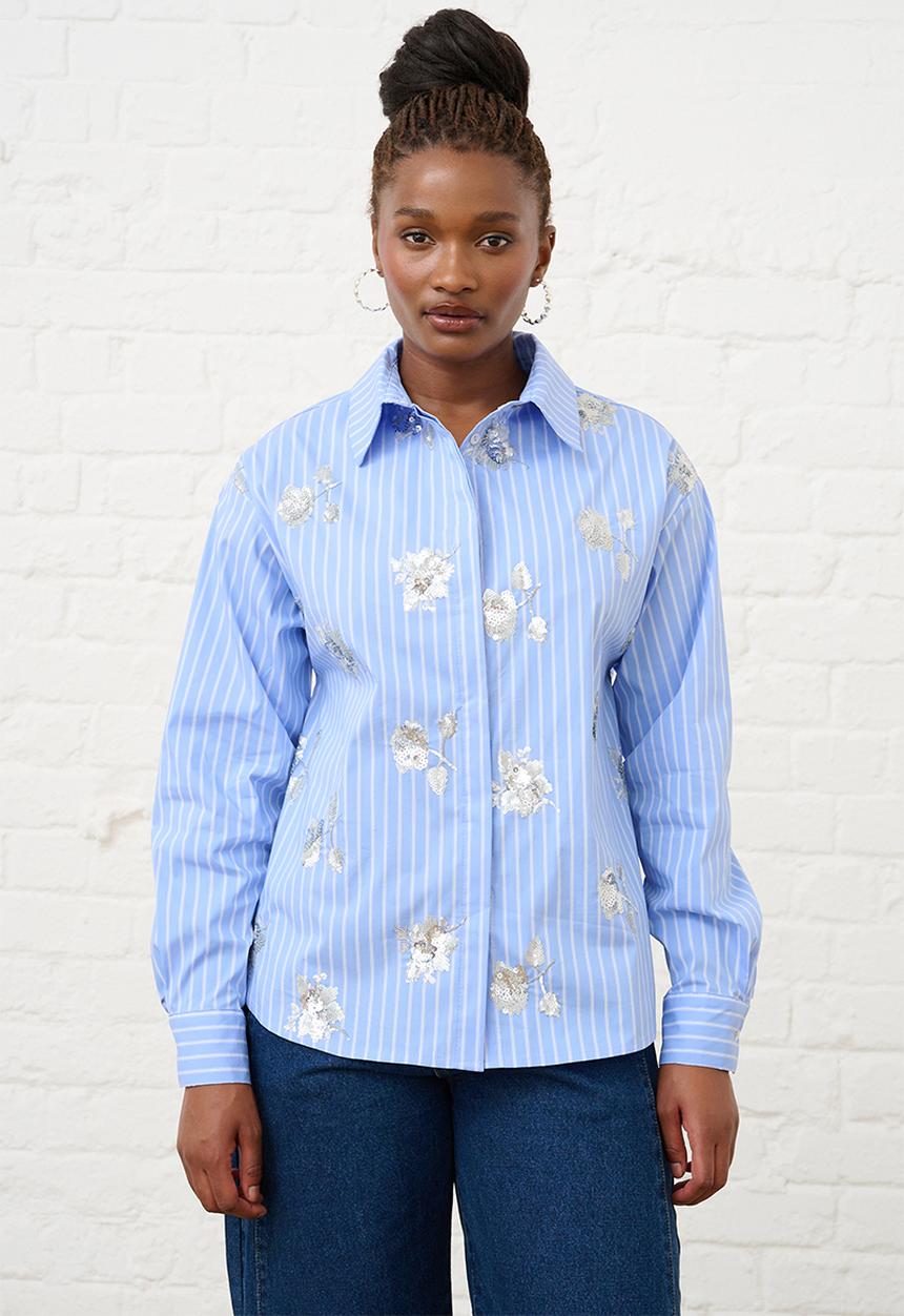 Me&B - Luxe Stripe Sequined Shirt - Blue