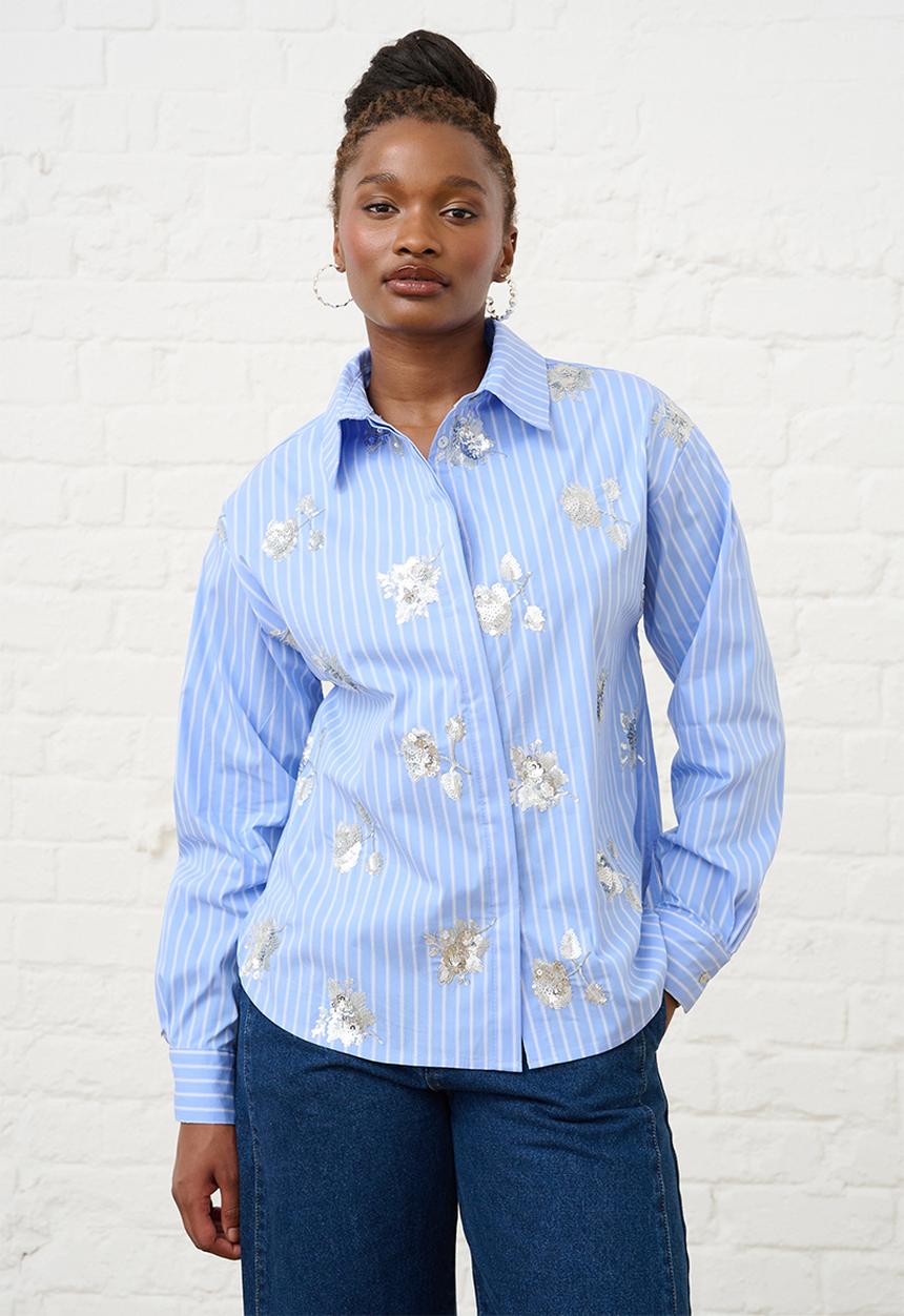 Me&B - Luxe Stripe Sequined Shirt - Blue