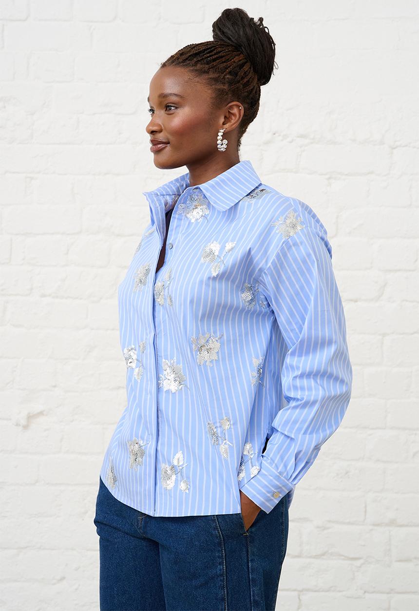 Me&B - Luxe Stripe Sequined Shirt - Blue