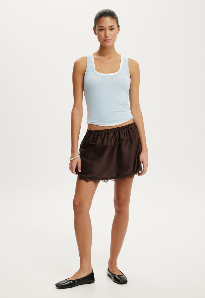 Cotton On - Estelle satin lace slip mini skirt - dark oak