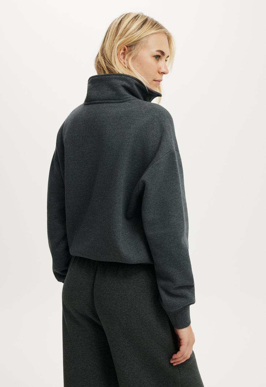 Cotton On - Plush Half Zip Sweatshirt - Dark Grey Marle