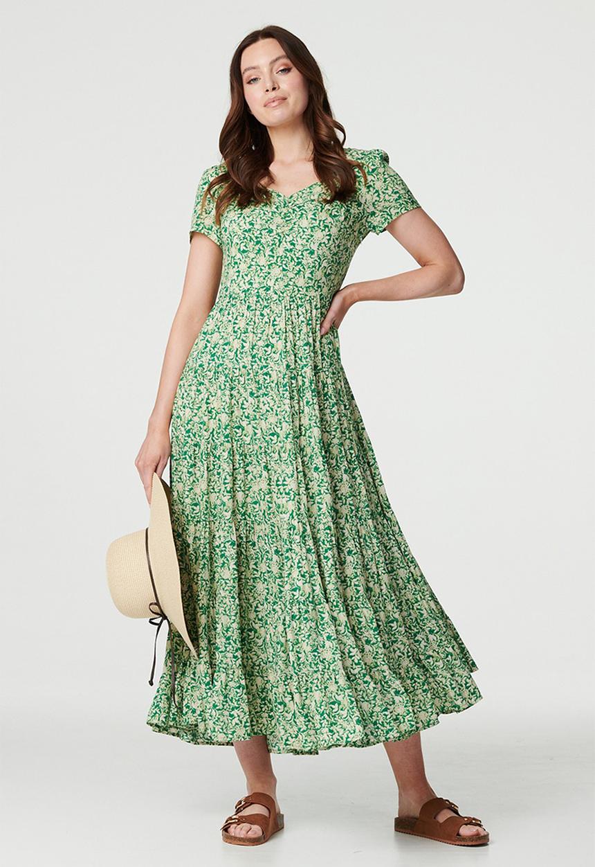 Stella Morgan - Short Sleeve V-neck With Gather Multi Tier Maxi A-Line Dress - Green