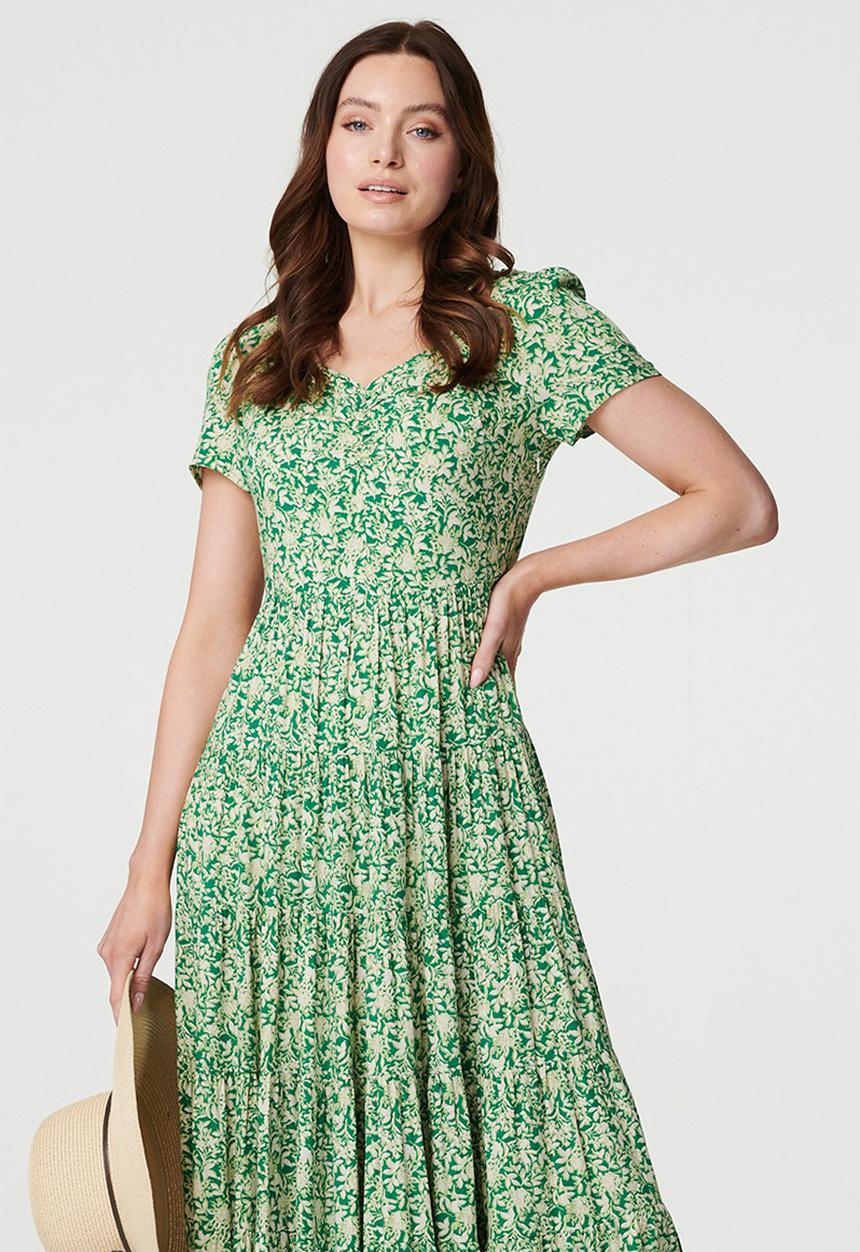 Stella Morgan - Short Sleeve V-neck With Gather Multi Tier Maxi A-Line Dress - Green