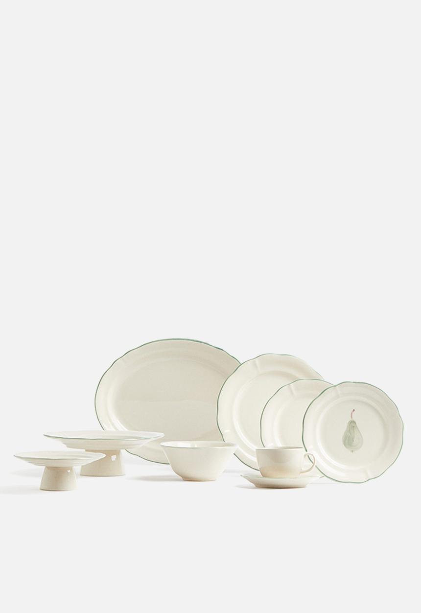 H&M - Stoneware serving plate - light beige/green 