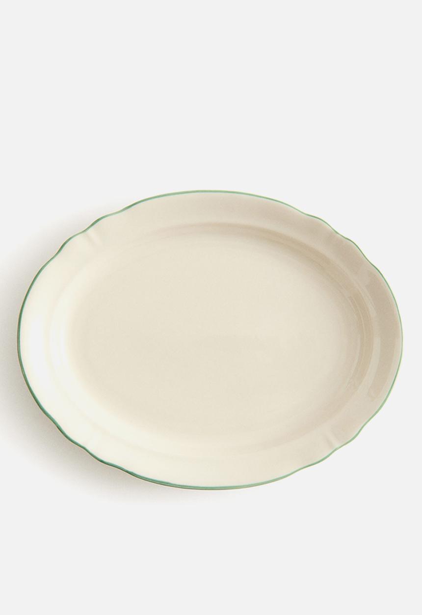 H&M - Stoneware serving plate - light beige/green 