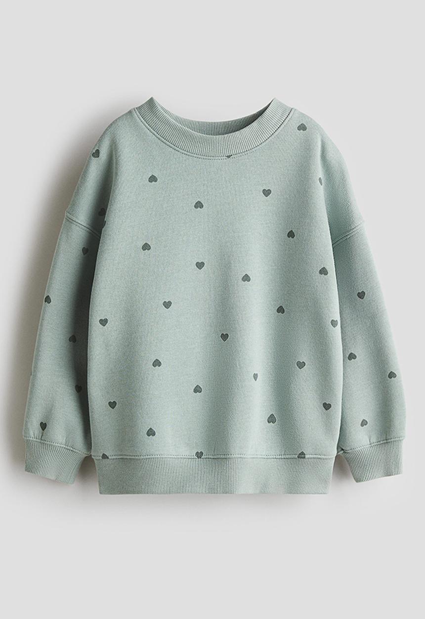 H&M - Oversized brushed-inside sweatshirt - dusty green hearts