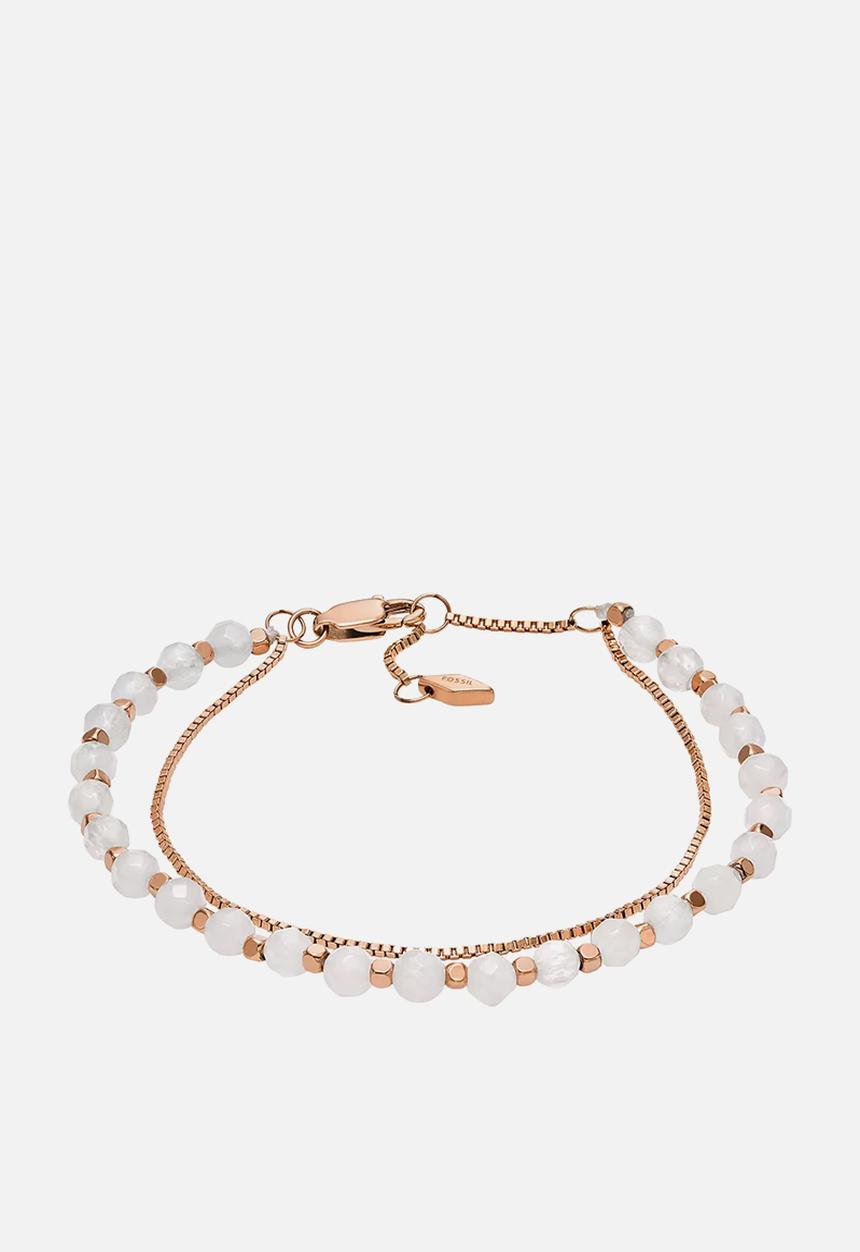 Fossil - All Stacked Up Rose Quartz Chain Beaded Bracelet  JF04444791 - Pink
