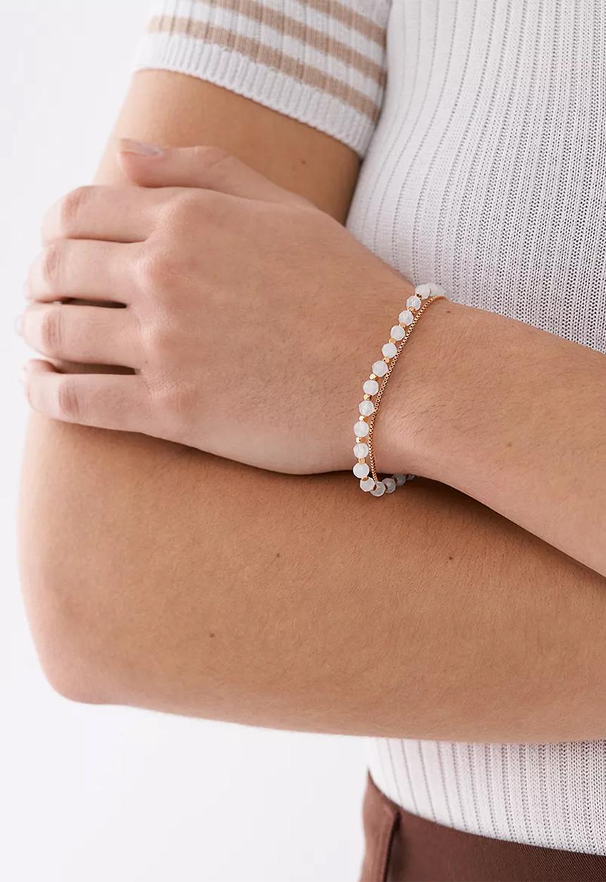 Fossil - All Stacked Up Rose Quartz Chain Beaded Bracelet  JF04444791 - Pink