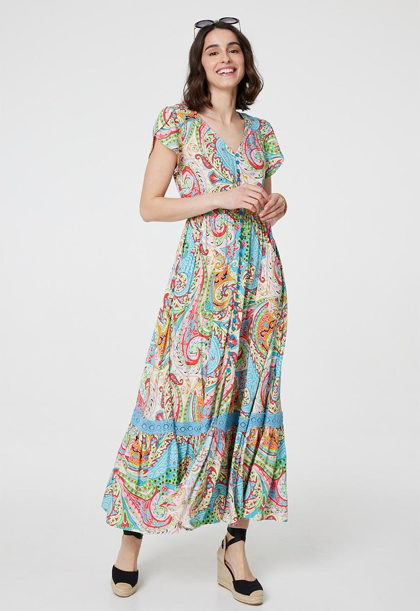 Stella Morgan - Cap Sleeve With Flutter V-Neck Button Through Maxi Dress - Multi