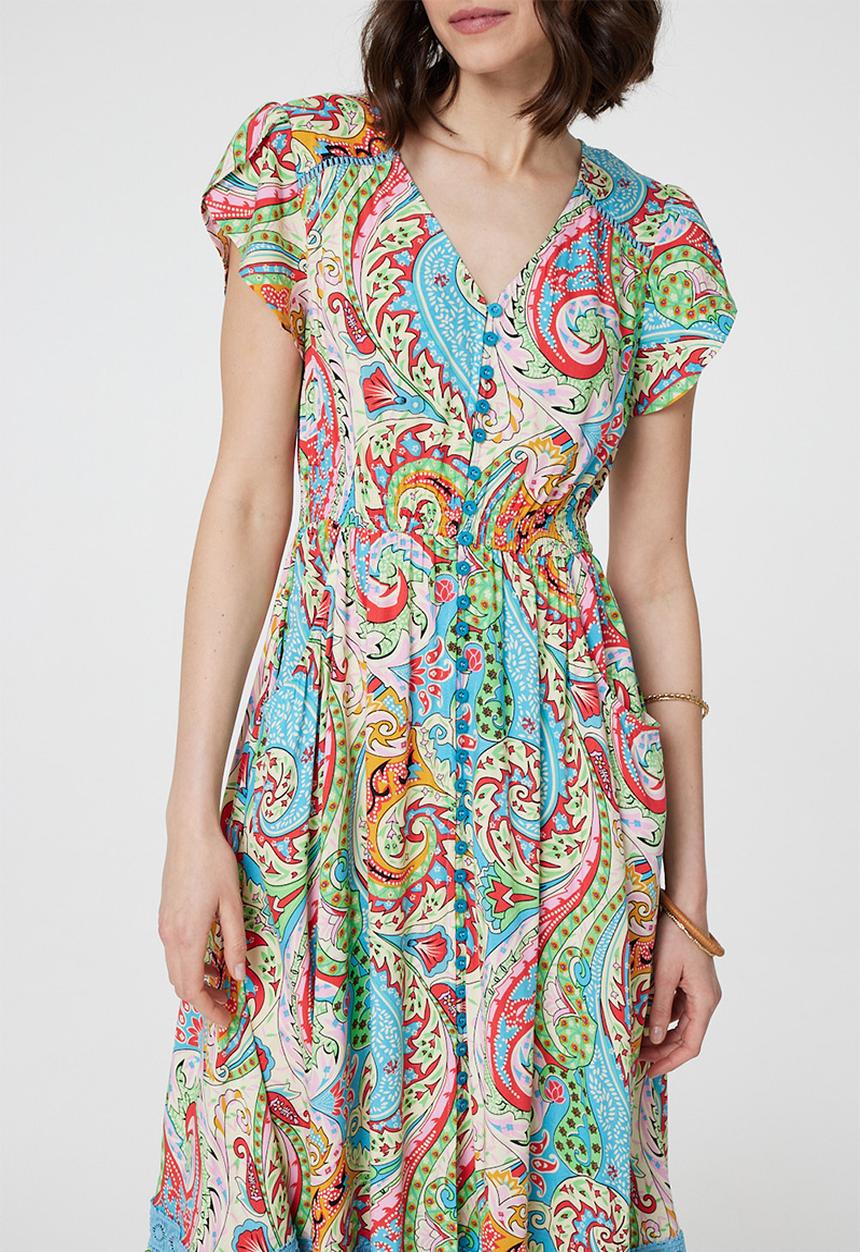 Stella Morgan - Cap Sleeve With Flutter V-Neck Button Through Maxi Dress - Multi
