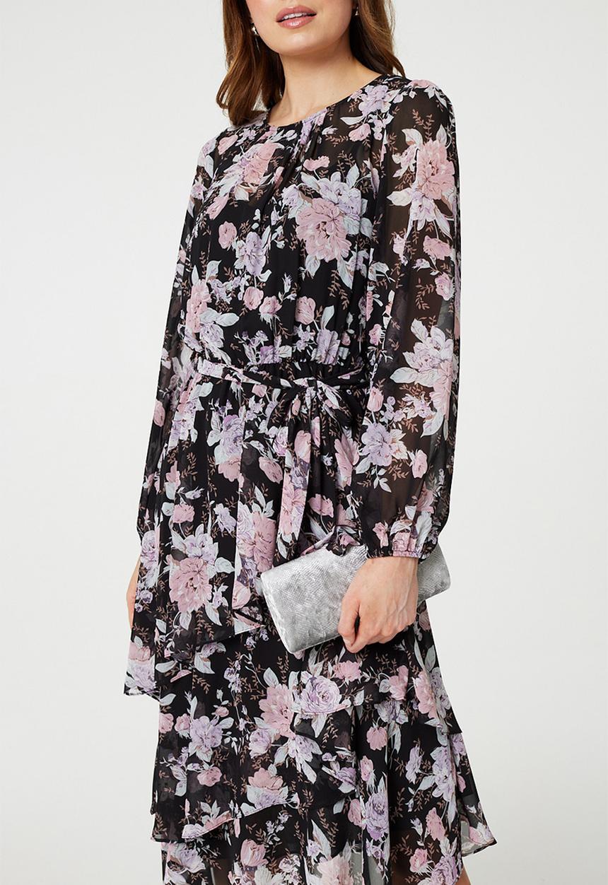 Izabel London - Long Sleeve Easy Wearing Flowing Printed Floral Maxi Dress - Black