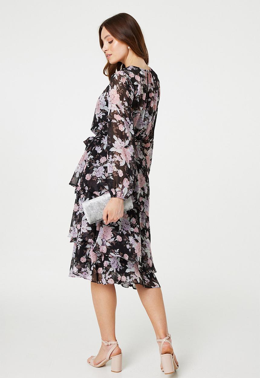 Izabel London - Long Sleeve Easy Wearing Flowing Printed Floral Maxi Dress - Black