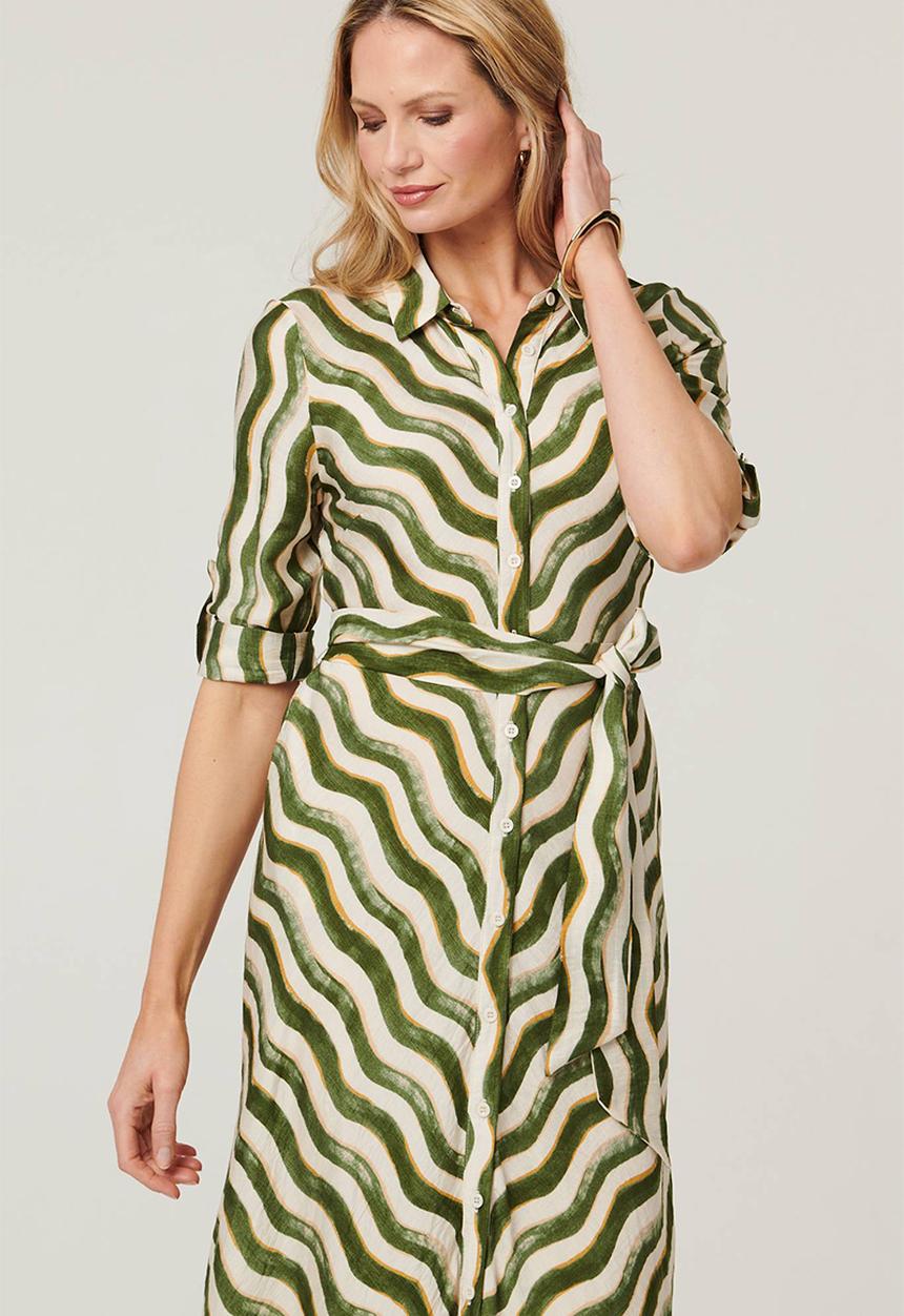 Izabel London - Long Sleeve Collared Button Through Maxi Dress - Multi Green
