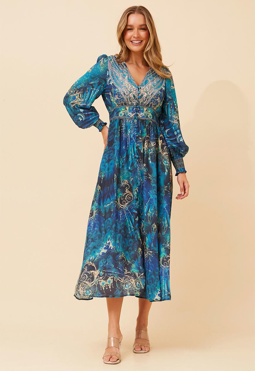 Stella Morgan - Long Sleeve With Smocked Cuff V-Neck Maxi Dress - Multi Blue