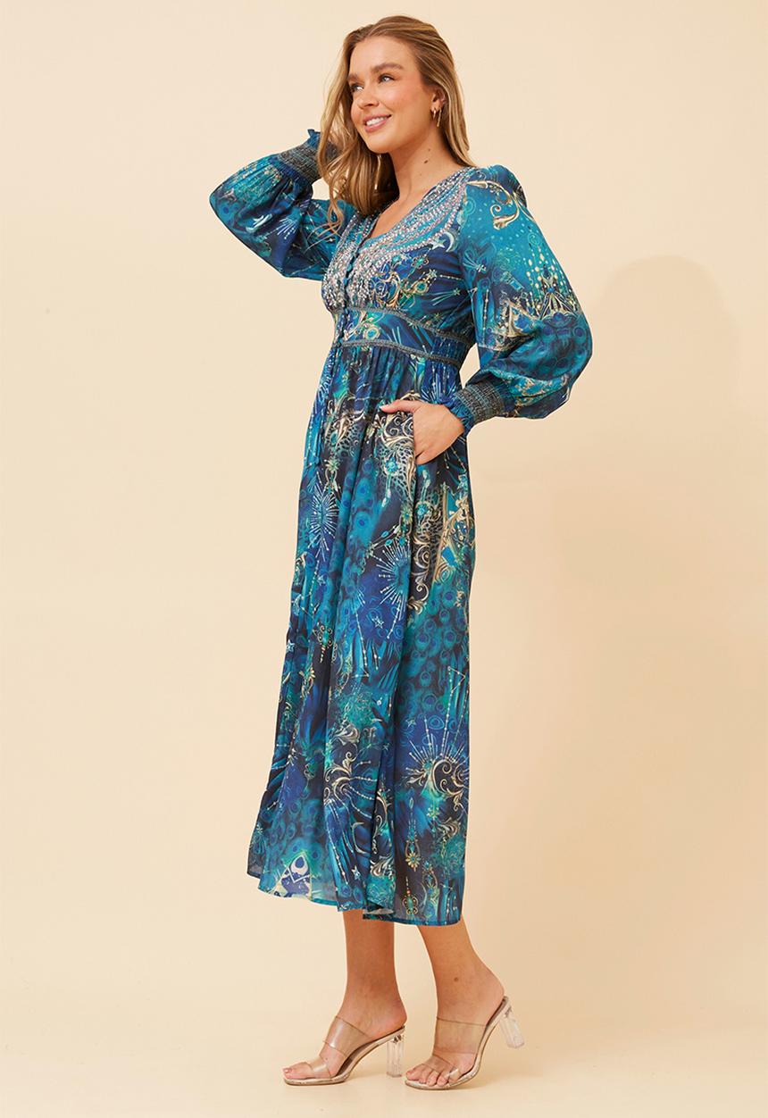Stella Morgan - Long Sleeve With Smocked Cuff V-Neck Maxi Dress - Multi Blue