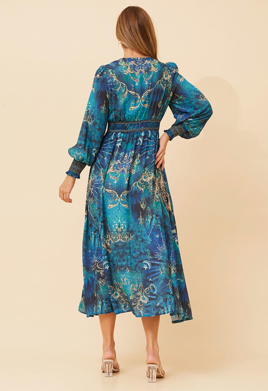 Stella Morgan - Long Sleeve With Smocked Cuff V-Neck Maxi Dress - Multi Blue