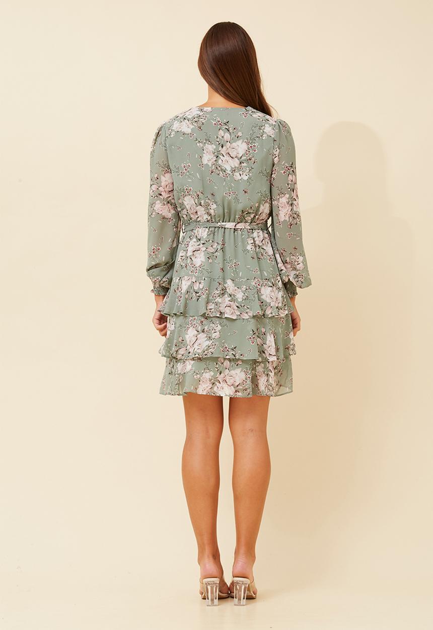 Izabel London - Long Sleeve With Elastic Cuff V-Neck Multi Tier Midi Dress - Sage