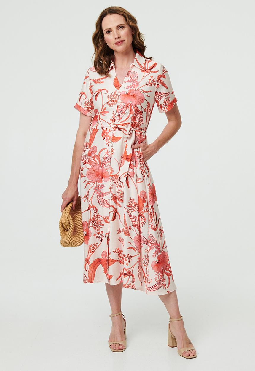 Izabel London - Short Sleeve V-Neck Covered Buttons Maxi Printed Dress - Coral