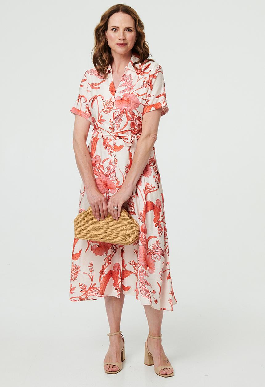 Izabel London - Short Sleeve V-Neck Covered Buttons Maxi Printed Dress - Coral