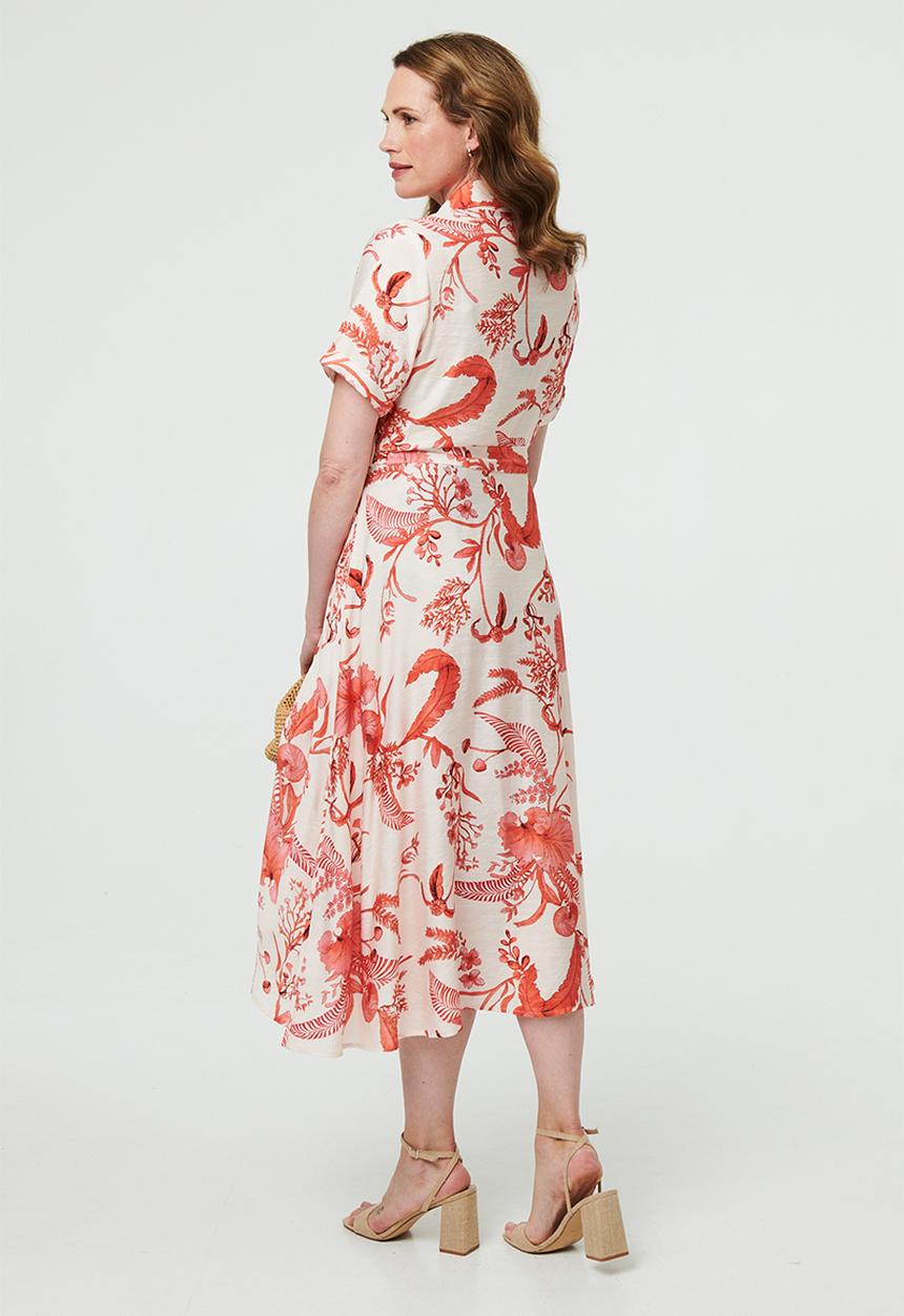 Izabel London - Short Sleeve V-Neck Covered Buttons Maxi Printed Dress - Coral