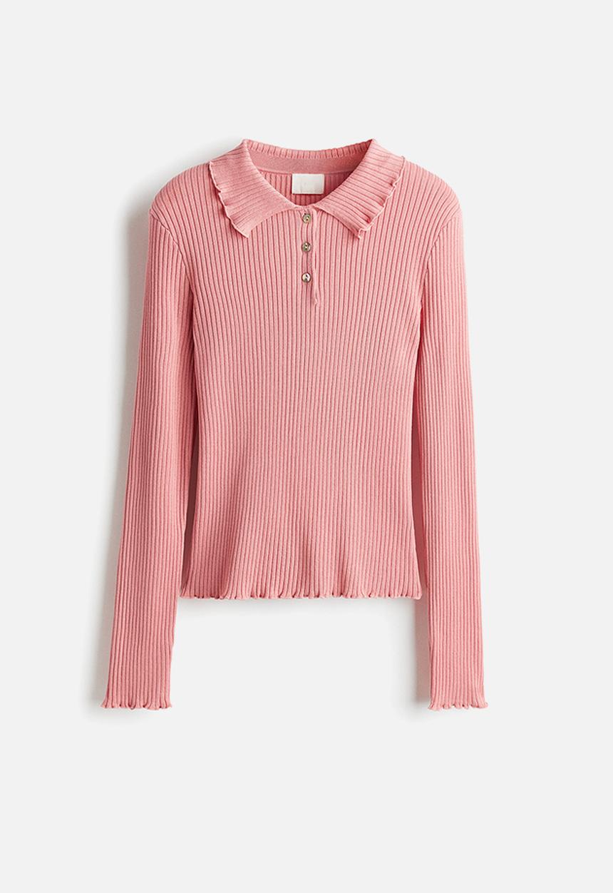 H&M - Rib-knit polo jumper - dusty pink