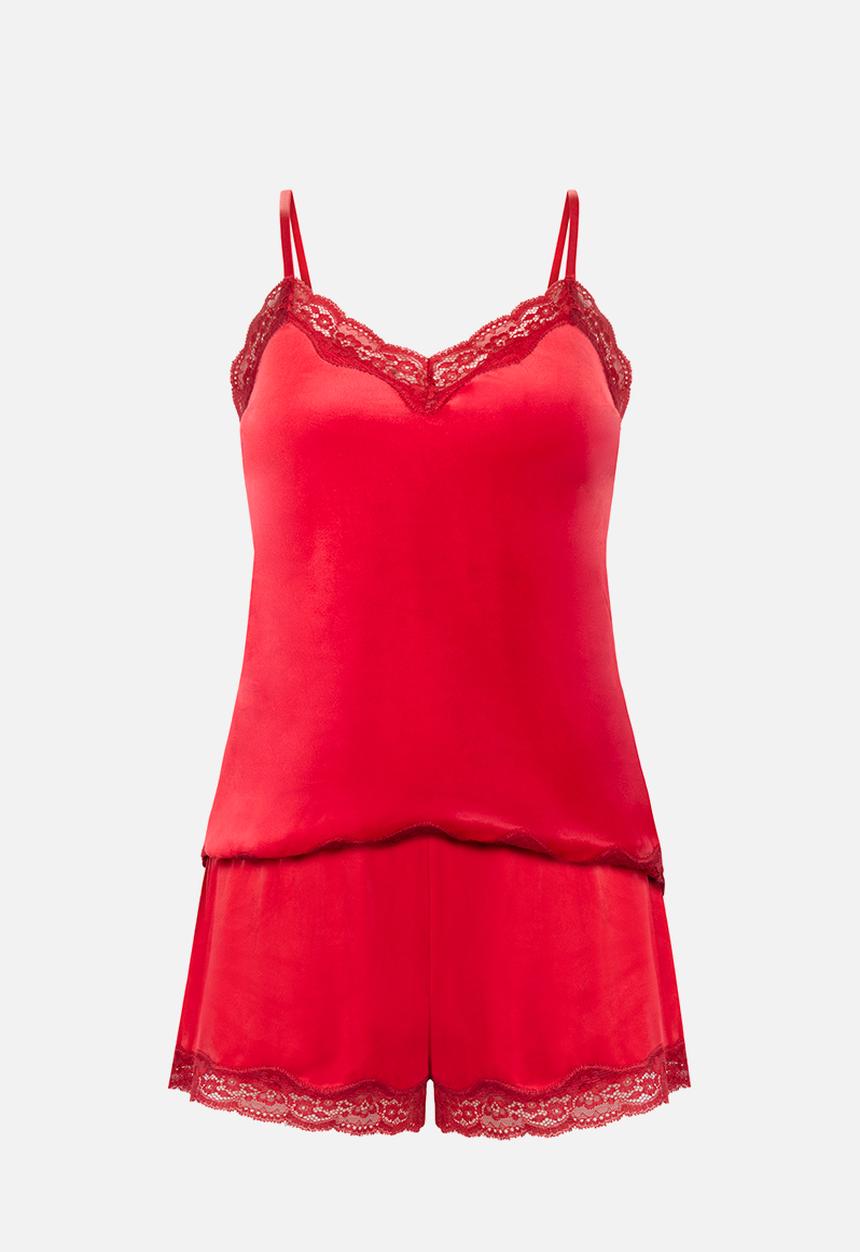 Hunkemoller - Pj cami velours scallop lace - red
