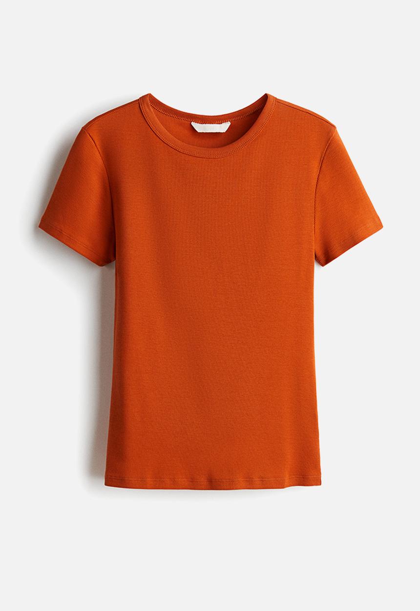 H&M - Ribbed t-shirt - dark orange 