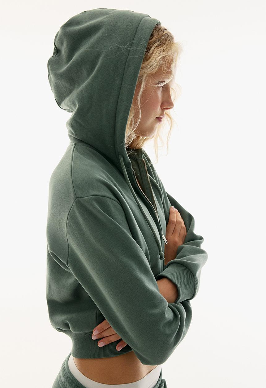 Cropped zip-through hoodie - khaki green - 1292680006