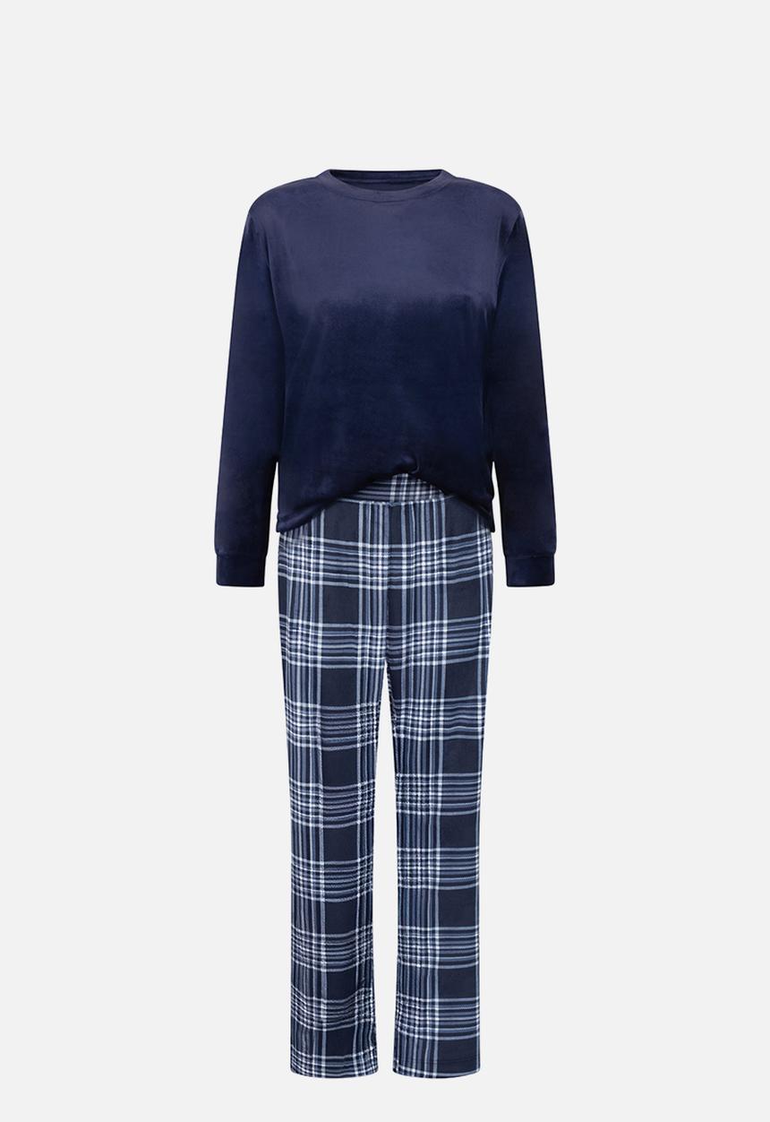Hunkemoller - Pj ls velours check - maritime blue