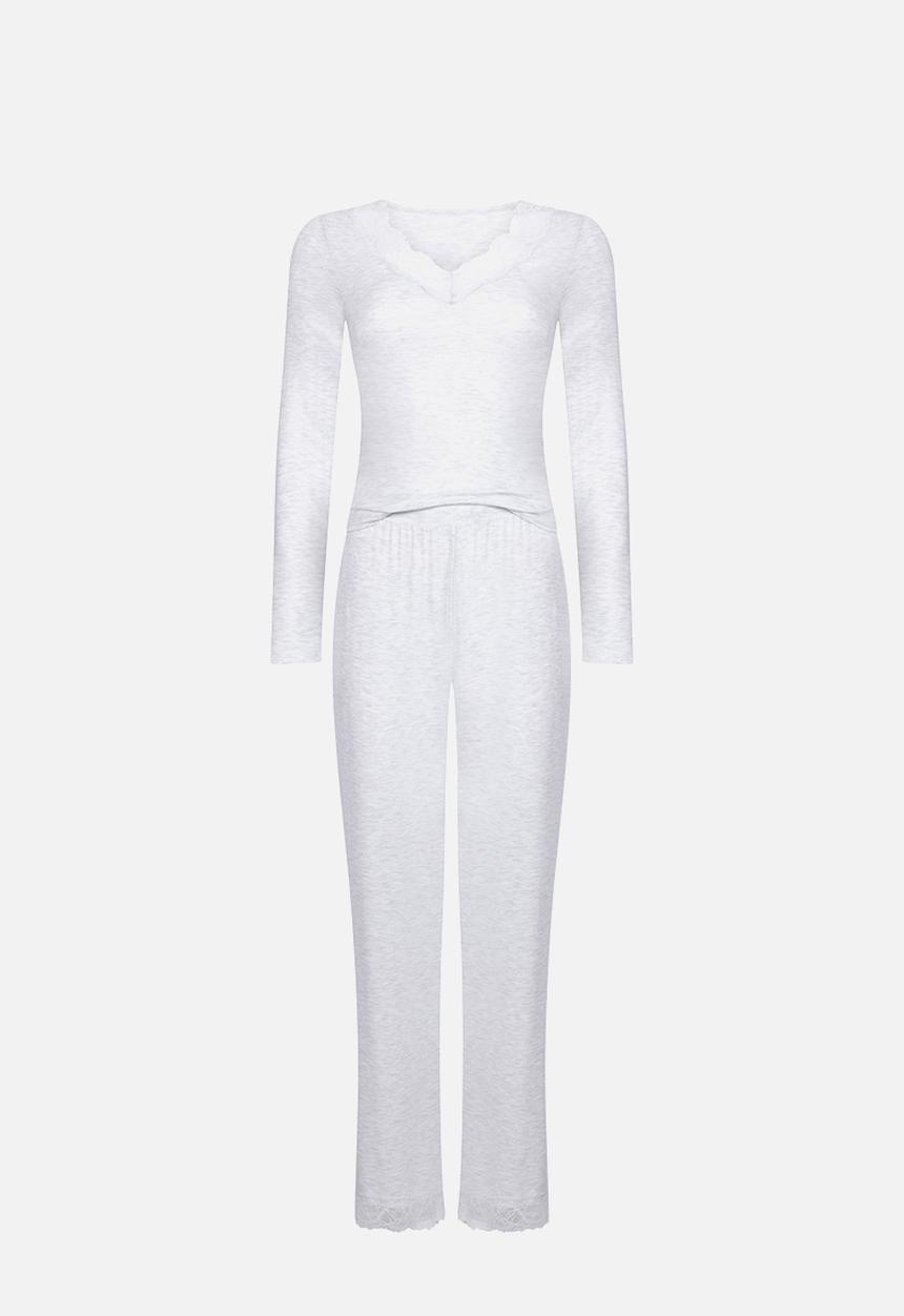 Hunkemoller - Pj long sleeve jersey modal lace nana - white grey melee