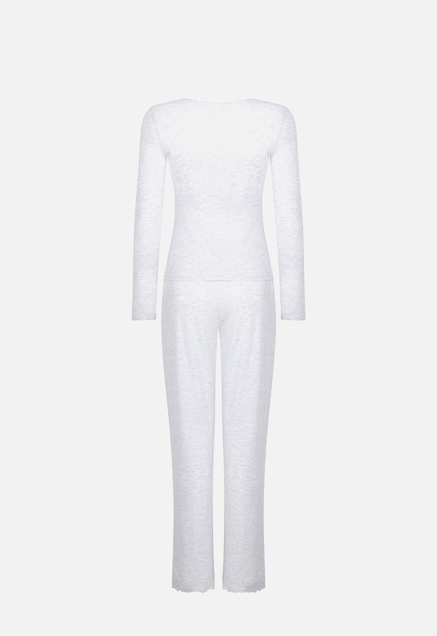 Hunkemoller - Pj long sleeve jersey modal lace nana - white grey melee