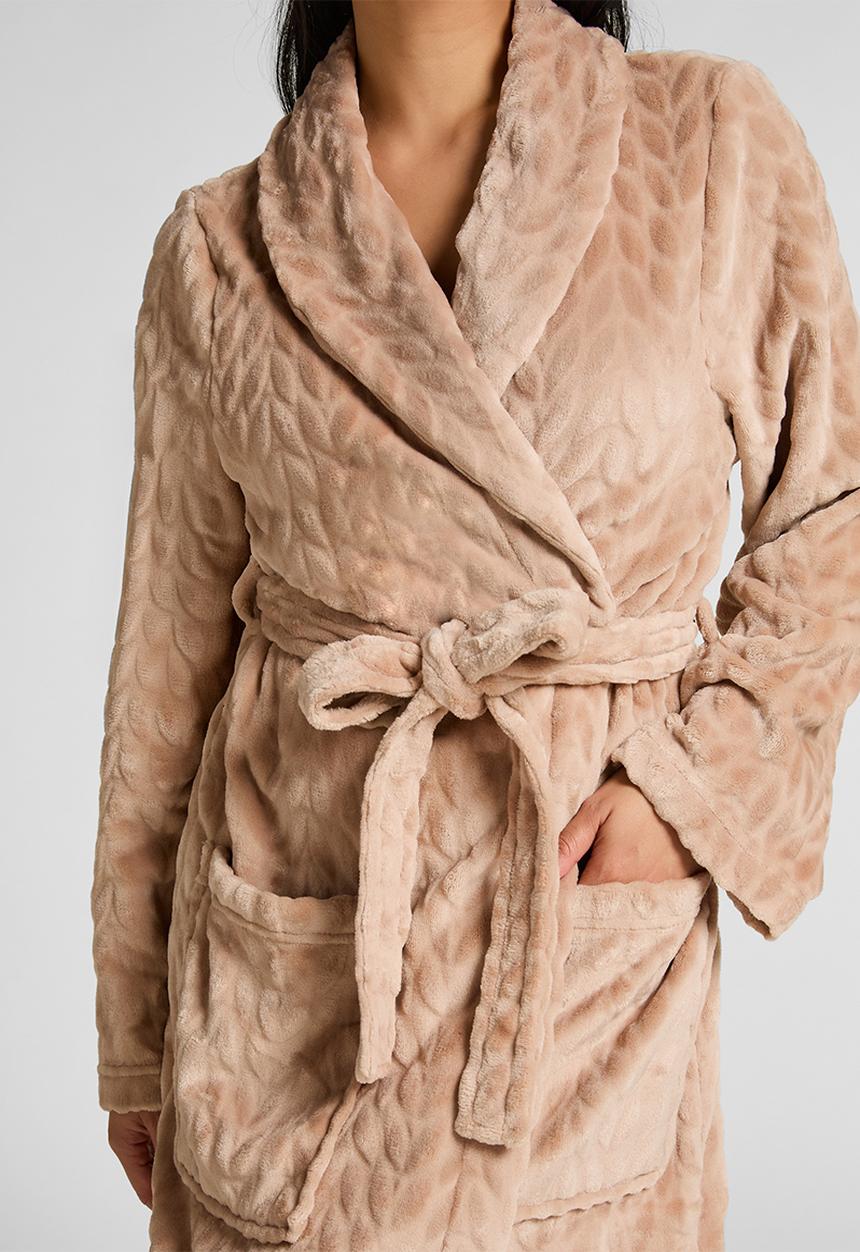 Hunkemoller - Robe short flannel emb cable - beige